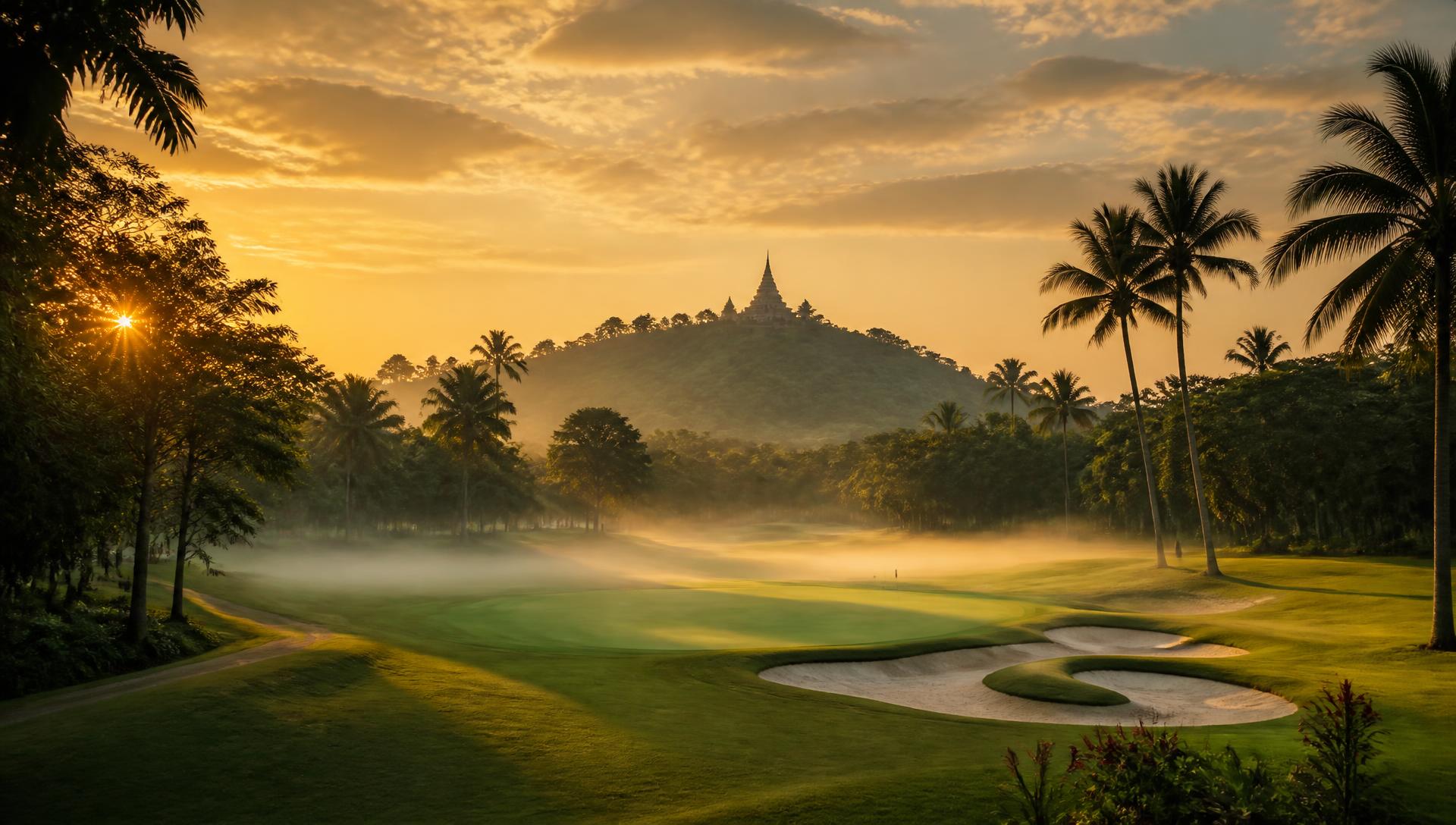 Golf course fairway at sunrise